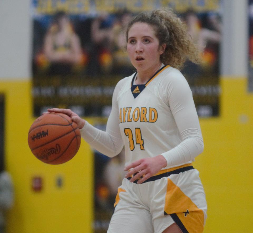 Avery Parker sets up the offense during a basketball matchup between Gaylord and Traverse City West on Friday, February 10 in Gaylord, Mich.