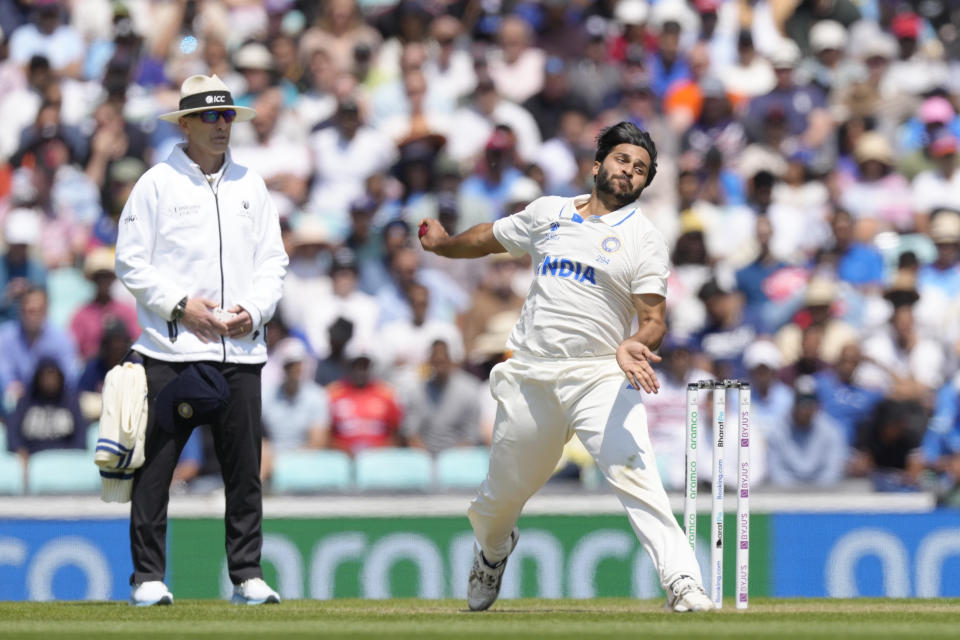 India's Shardul Thakur bowls on the second day of the ICC World Test Championship Final between India and Australia at The Oval cricket ground in London, Thursday, June 8, 2023. (AP Photo/Kirsty Wigglesworth)