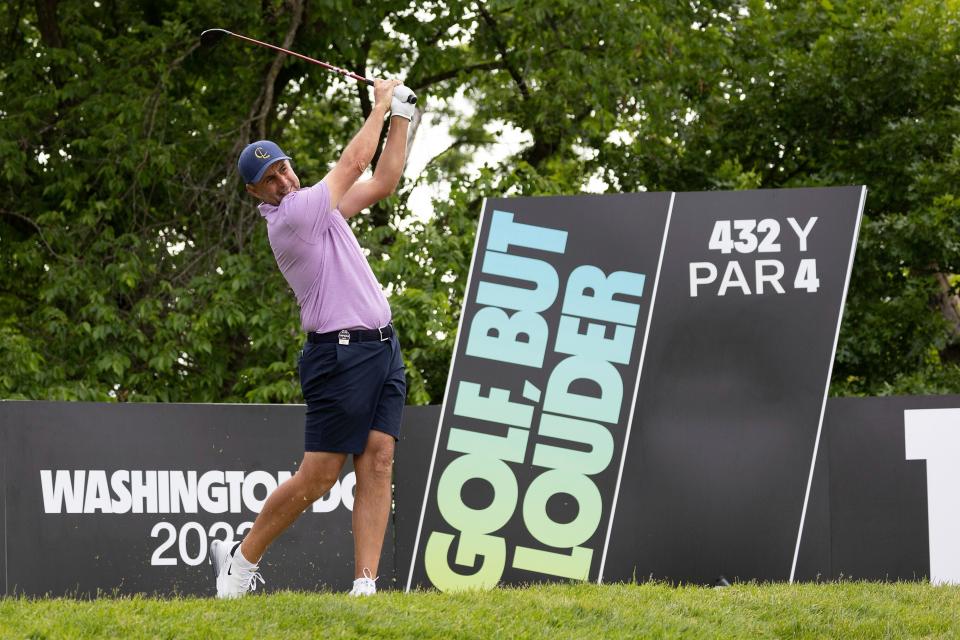 Richard Bland hits his shot from the 14th tee at the LIV Golf DC tournament on May 28.