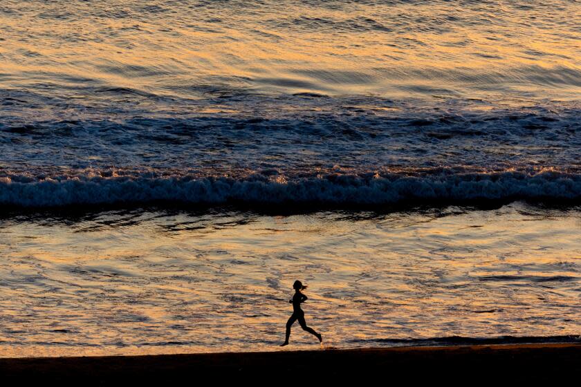 A jogger takes a sunset run at water's edge on the beach amidst pleasant weather in Santa Monica.