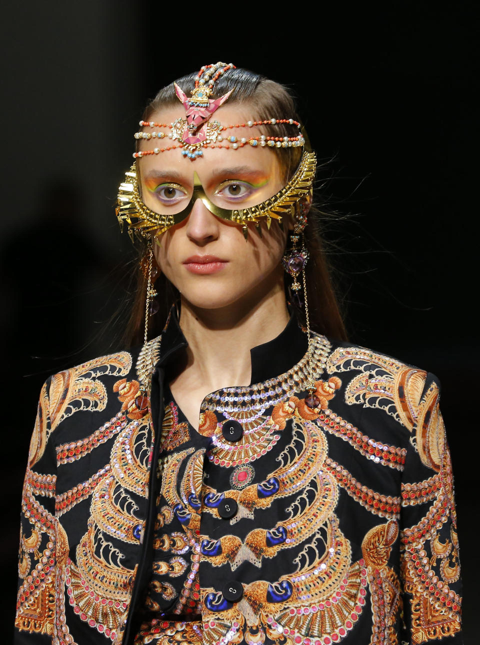 A model wears a creation for Indian fashion designer Manish Arora's ready to wear Spring-Summer 2013 collection, presented in Paris, Thursday, Sept.27, 2012. (AP Photo/Jacques Brinon)