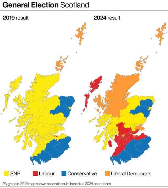 Map of Scotland showing seats which have changed hands between 2019 and 2024