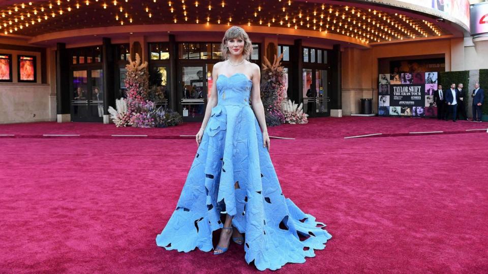 PHOTO: Taylor Swift arrives for the 'Taylor Swift: The Eras Tour' concert movie world premiere at the AMC The Grove in Los Angeles, on Oct. 11, 2023. (Valerie Macon/AFP via Getty Images)