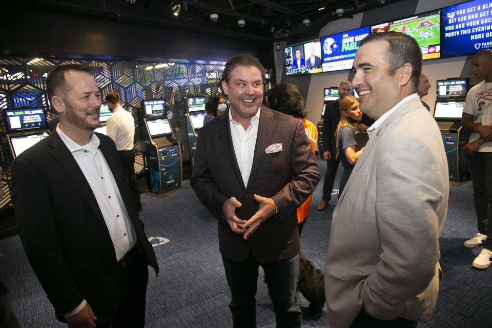 Rep.  Jeff Weninger (from left), R-Chandler, Phoenix Suns President and CEO Jason Rowley and Sen.  TJ Shope, R-Coolidge, spoke during a grand opening event at the FanDuel sportsbook at the Footprint Center in Phoenix on Sept.  9, 2021.