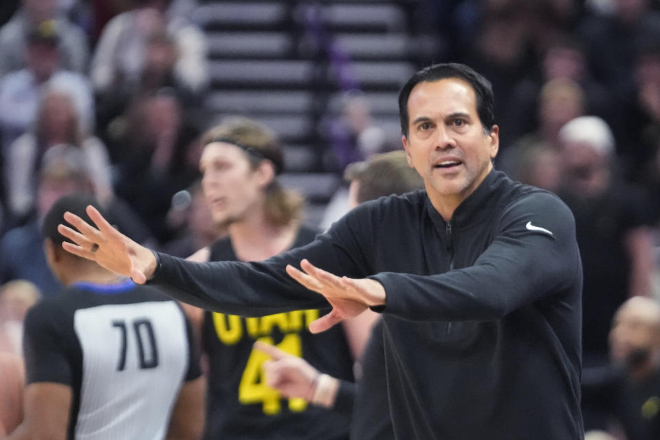 Miami Heat coach Erik Spoelstra reacts to a call during the second half of the team's NBA basketball game against the Utah Jazz on Saturday, Dec. 30, 2023, in Salt Lake City. (AP Photo/Rick Bowmer)