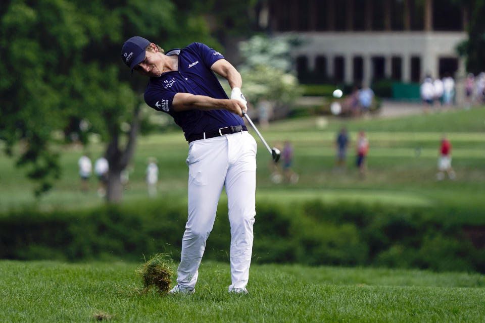 Carlos Ortiz, of Mexico, hits to the 10th green during the third round of the Memorial golf tournament, Saturday, June 5, 2021, in Dublin, Ohio. (AP Photo/Darron Cummings)