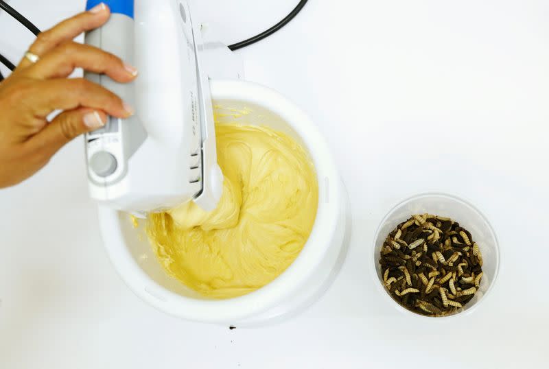 Dr. Tzompa Sosa prepares cake mixture made with fat from black soldier fly larvae at Ghent University