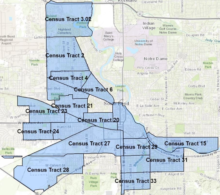 This map shows South Bend census tracts where 25% of households fall below the federal poverty line. Homeowners in these areas are eligible for up to $20,000 to replace the roof and furnace in their homes.