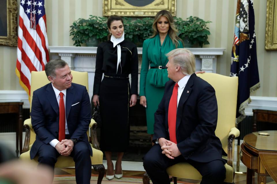 President Donald Trump and first lady Melania Trump meets with Jordan's King Abdullah II and Queen Rania in the Oval Office of the White House in Washington, Wednesday, April, 5, 2017 - Credit: AP Photo/Evan Vucci