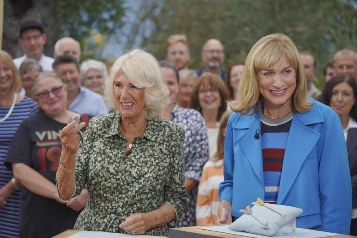 The Duchess of Cornwall (left) with BBC presenter Fiona Bruce during a visit to the Antiques Roadshow at the Eden Project in Bodelva, Cornwall. Picture date: Tuesday September 6, 2022.