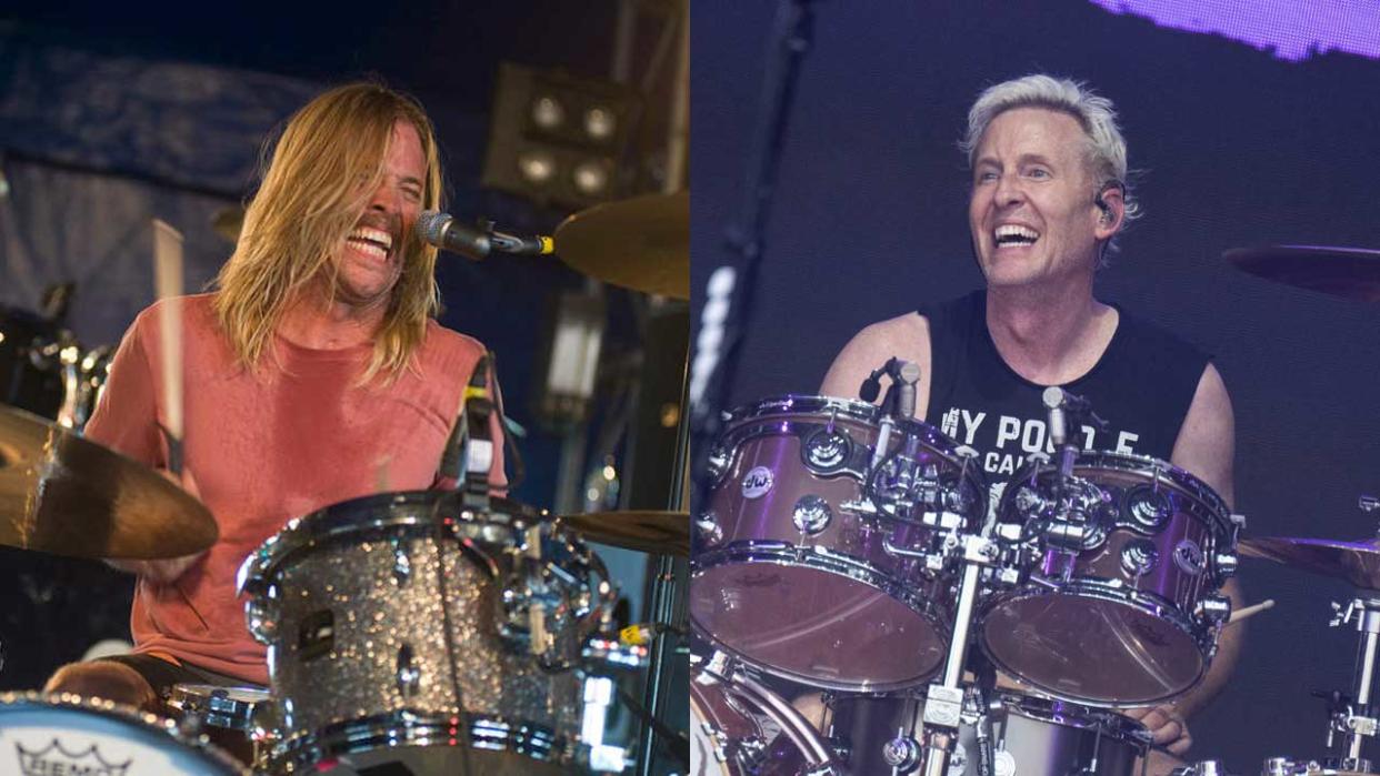  Taylor Hawkins and Josh Freese playing the drums onstage. 