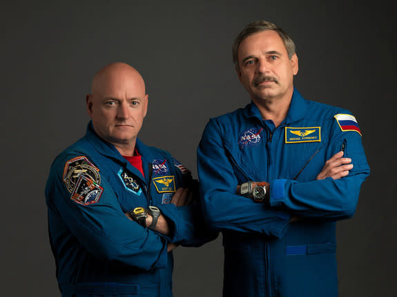 NASA astronaut Scott Kelly (left), the Expedition 43/44 flight engineer and Expedition 45/46 commander; and Russian cosmonaut Mikhail Kornienko, the Expedition 43-46 flight engineer, will serve one full year on the International Space Station s