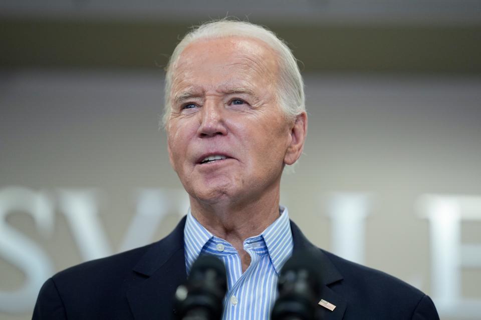President Joe Biden delivers remarks during a visit to the southern border, Thursday, Feb. 29, 2024, in Brownsville, Texas. (AP Photo/Evan Vucci) ORG XMIT: TXEV243