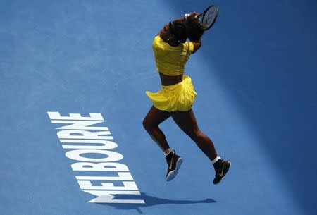 Serena Williams of the U.S. hits a shot during her quarter-final match against Russia's Maria Sharapova at the Australian Open tennis tournament at Melbourne Park, Australia, January 26, 2016. REUTERS/Jason O'Brien Action Images via Reuters