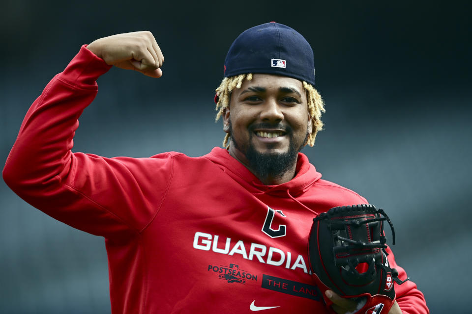 Cleveland Guardians relief pitcher Emmanuel Clase gestures during a workout, Thursday, Oct. 6, 2022, in Cleveland, the day before their a MLB wild card baseball playoff game against the Tampa Bay Rays. (AP Photo/David Dermer)