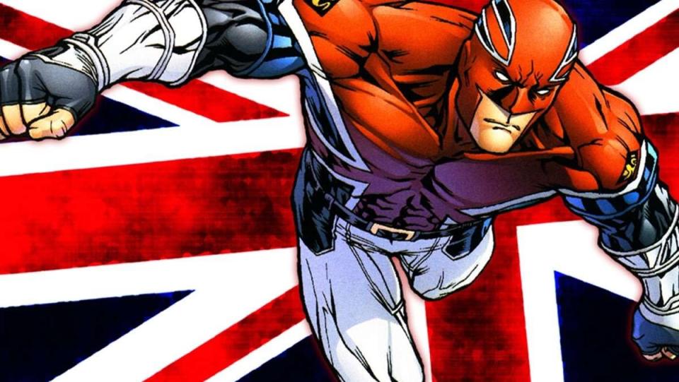 The Marvel superhero Captain Britain wearing his Union Jack-styled costume, posing in front of a Union Jack flag.