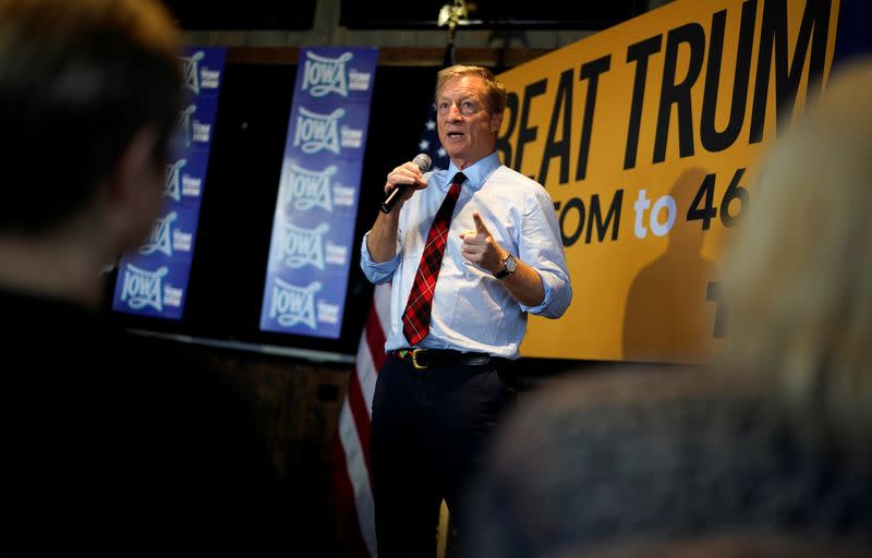 Democratic 2020 U.S. presidential candidate and billionaire activist Tom Steyer speaks at a town hall meeting in Ankeny