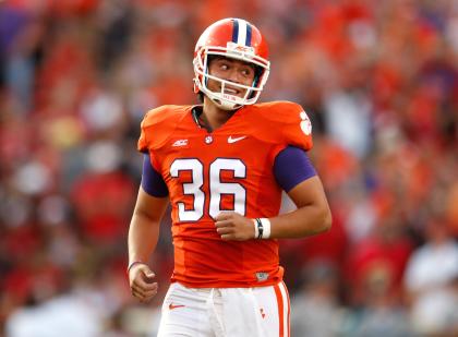 CLEMSON, SC - OCTOBER 11: Ammon Lakip #36 of the Clemson Tigers reacts after making a field goal late in the second half during the game against the Louisville Cardinals at Memorial Stadium on October 11, 2014 in Clemson, South Carolina. (Photo by Tyler Smith/Getty Images)