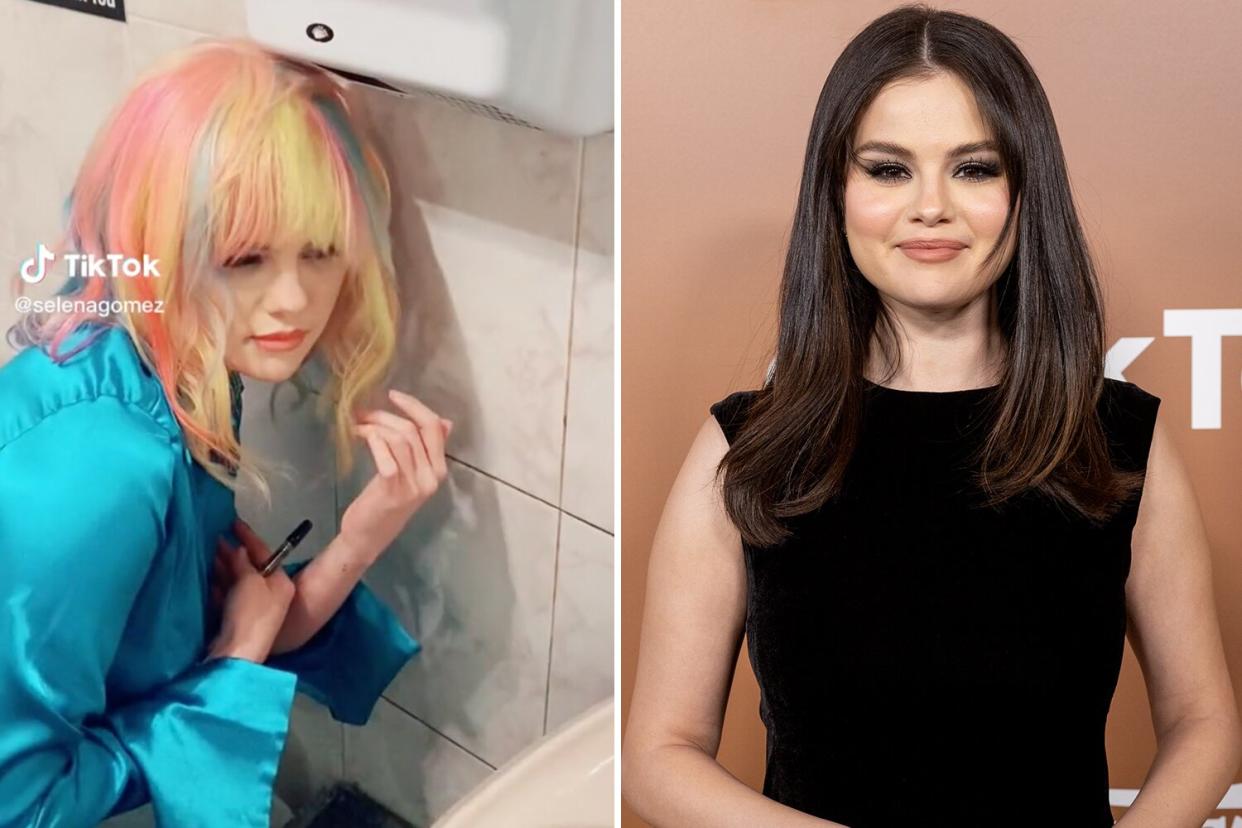 Selena Gomez drying her hair in public bathroom