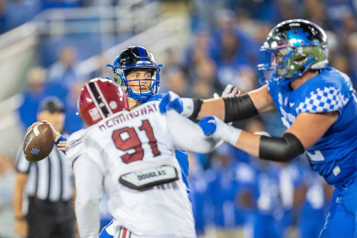 Kentucky Wildcats quarterback Kaiya Sheron (12) throws the ball in a game against South Carolina at Kroger Field in Lexington, Ky., on Saturday, Oct. 8, 2022.