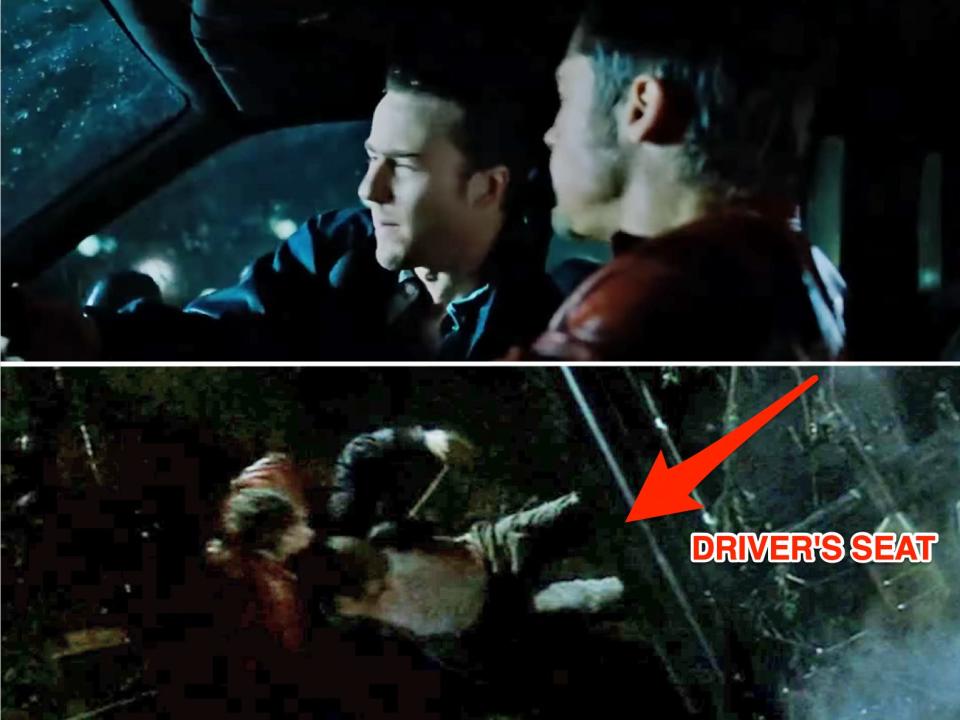 The Narrator and Tyler driving and crashing "fight club" (1999).