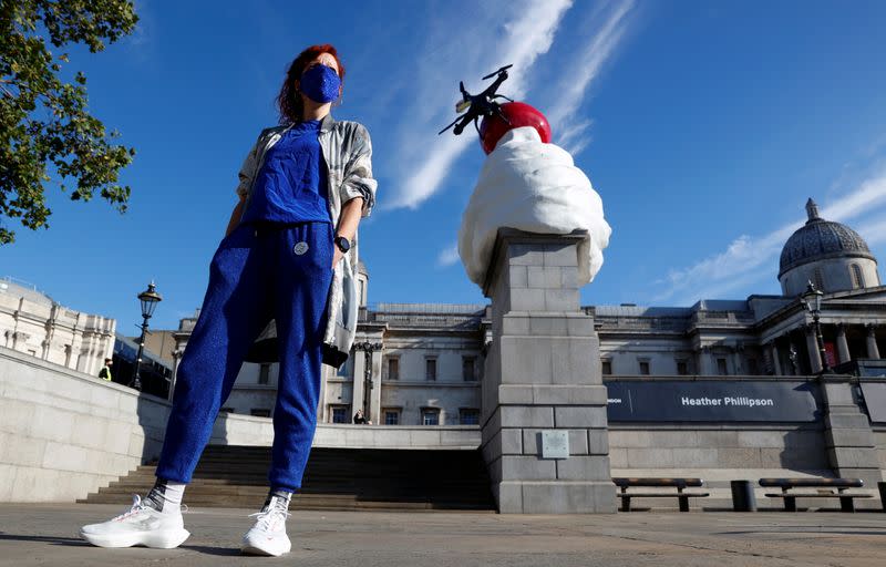 Heather Phillipson's sculpture ''THE END'', is seen after it was unveiled on Trafalgar Square's Fourth Plinth, in London