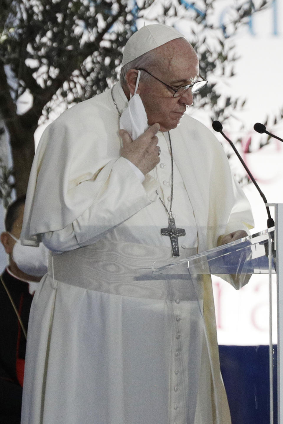 Pope Francis speaks during an inter-religious ceremony for peace in the square outside Rome's City Hall, Tuesday, Oct. 20, 2020 (AP Photo/Gregorio Borgia)