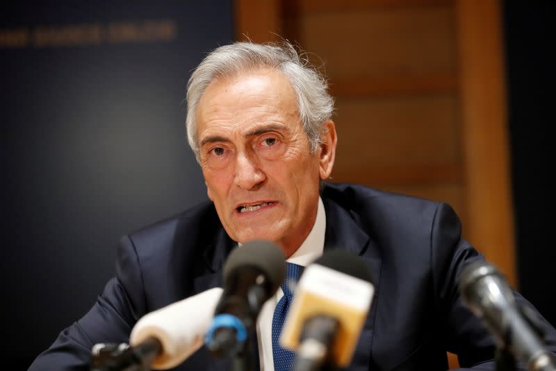 FILE PHOTO: Italian Football Federation (FIGC) Chairman Gabriele Gravina speaks to the media after a board meeting