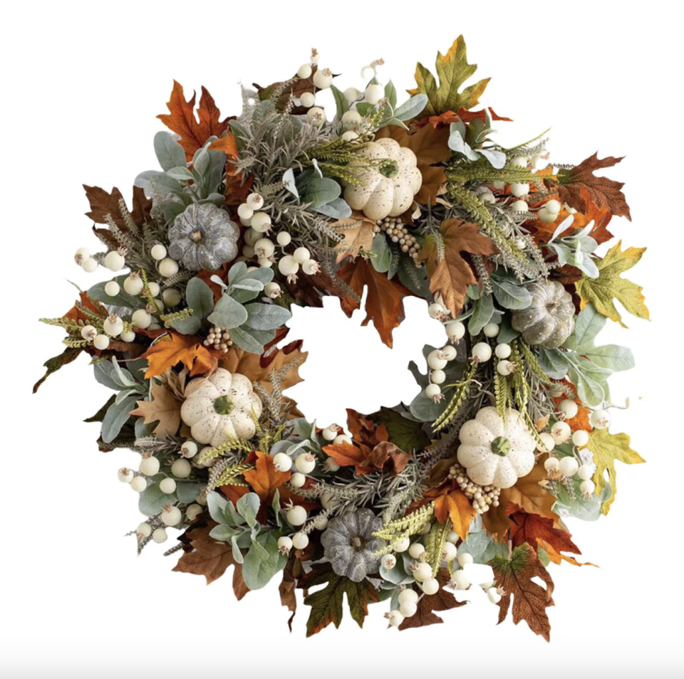 Fall Pumpkin Wreath with leaves, flowers and pumpkins (Photo via Walmart)