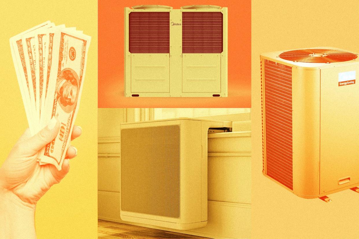 A retro-looking photo collage in oranges and yellows of the mentioned heat pumps, a window A/C, and a hand ready to spend a stack of cash. 