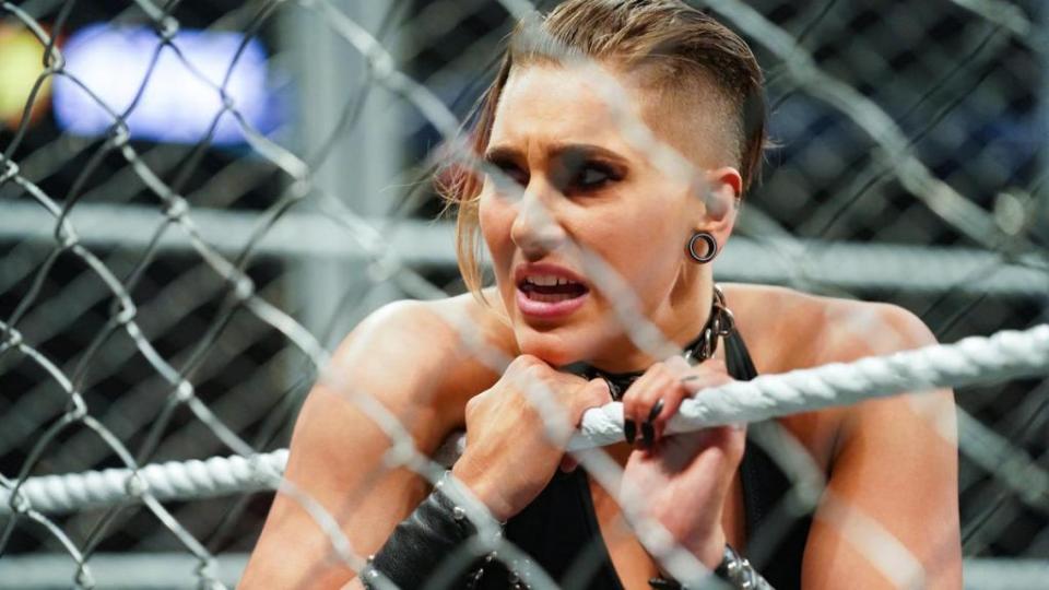 Rhea Ripley looks on in disbelief during the Women's WarGames match at NXT TakeOver: WarGames.