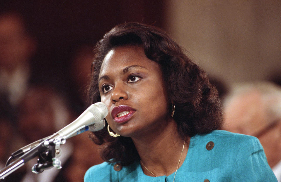 Oklahoma University law professor Anita Hill testifies before the Senate Judiciary Committee on Capitol Hill in Washington on Oct. 11, 1991. Hill’s explosive allegations about sexual harassment by Supreme Court nominee Clarence Thomas included graphic language and were carried live by many media outlets around the nation. (Photo: Greg Gibson/AP)