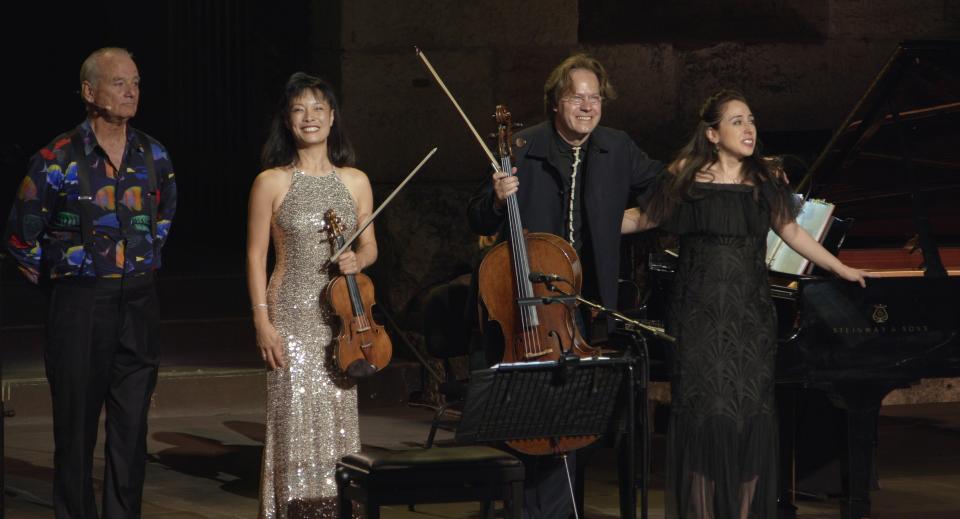 from l to r: Bill Murray, Mira Wang, Jan Vogler and Vanessa Perez in New Worlds: The Cradle of Civilization (Photo: Courtesy Dorn Music)