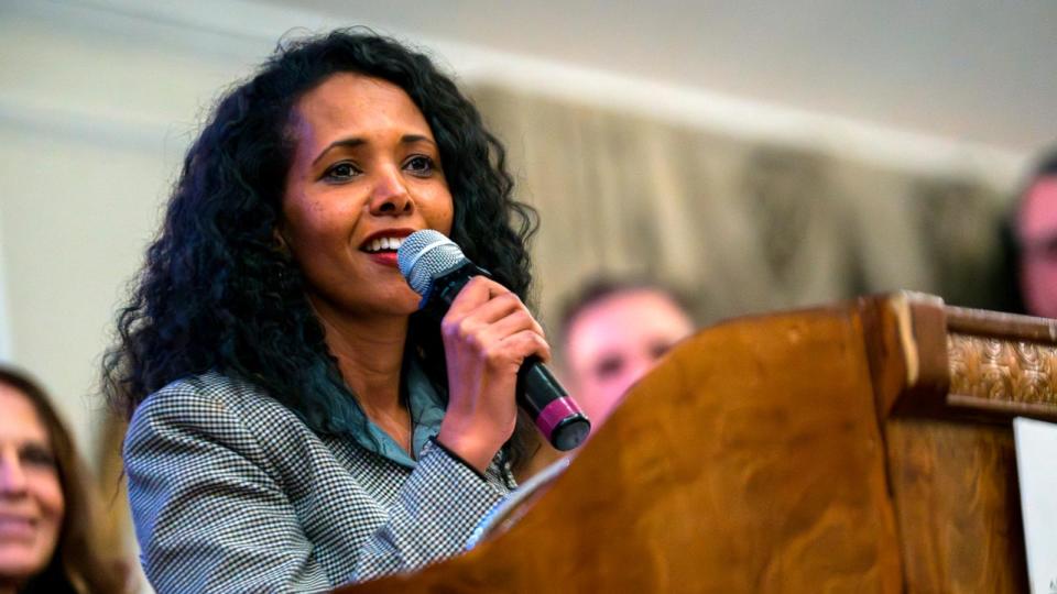 PHOTO: Congressional candidate Mazi Pilip greets attendees at her fundraiser event hosted by the Nassau County Republican Committee, on Feb. 5, 2024, in Jericho, New York. (Brittainy Newman/AP)