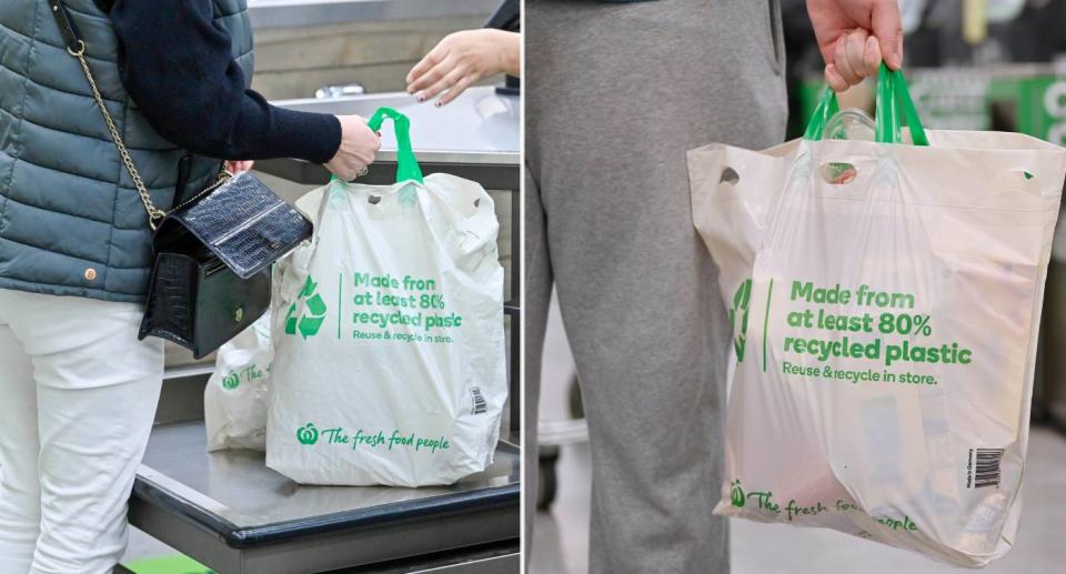 Woolworths plastic shopping bags in store being packed and held by customers