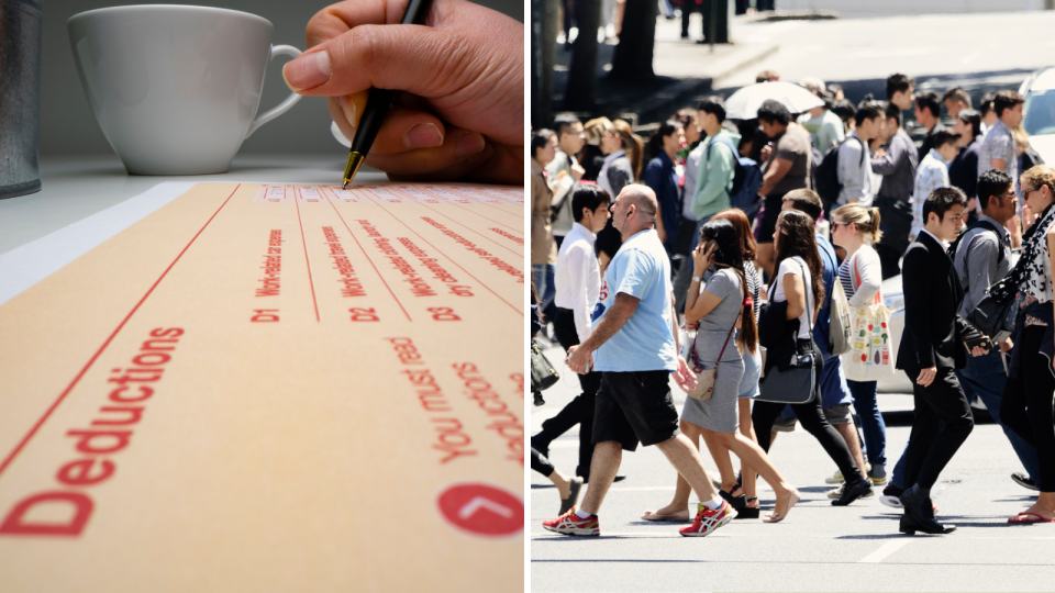 Composite image of 'Deductions' section of tax form, and people crossing a busy street.