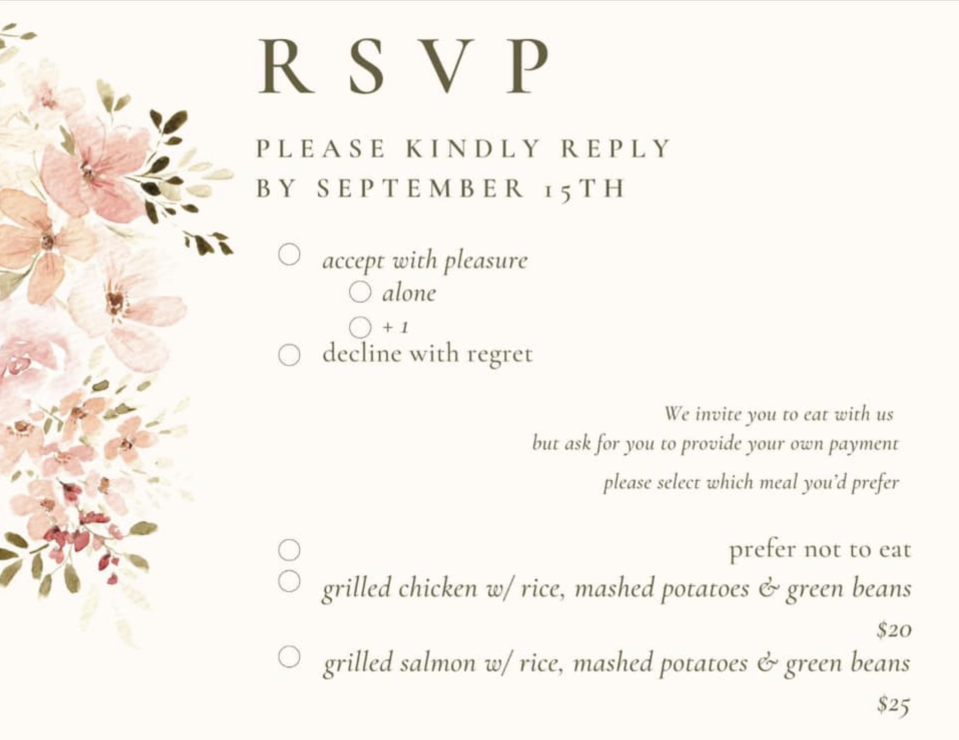 An RSVP card offerings guests not to eat or to pay for their meals.