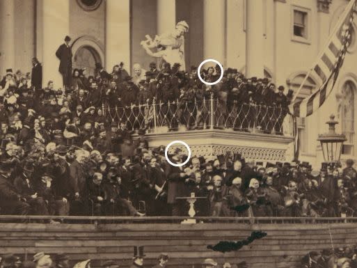 Abraham Lincoln (circled in the centre) at his inauguration on the same stage as John Wilkes Booth (circled top right).