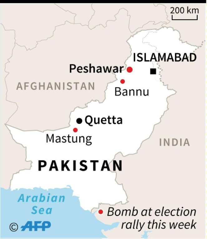 Map of Pakistan locating bombs targeting election rallies since July 11