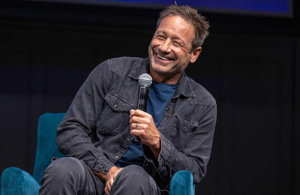 David Duchovny speaks onstage about his novel "The Reservoir" at Town Hall Seattle