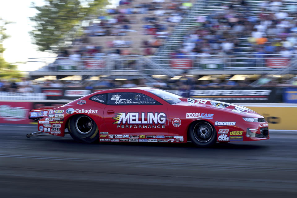 In this photo provided by the NHRA, Erica Enders drives in Pro Stock qualifying for the Summit Racing Equipment NHRA Nationals drag races Friday, June 24, 2022, at Summit Racing Equipment Motorsports Park in Norwalk, Ohio. (Marc Gewertz/NHRA via AP)