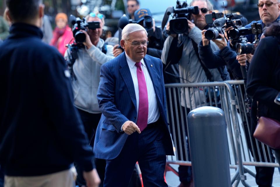 Senator Bob Menendez is shown as he walks towards federal court in the Southern District of New York, in lower Manhattan, Monday, October 23, 3023.