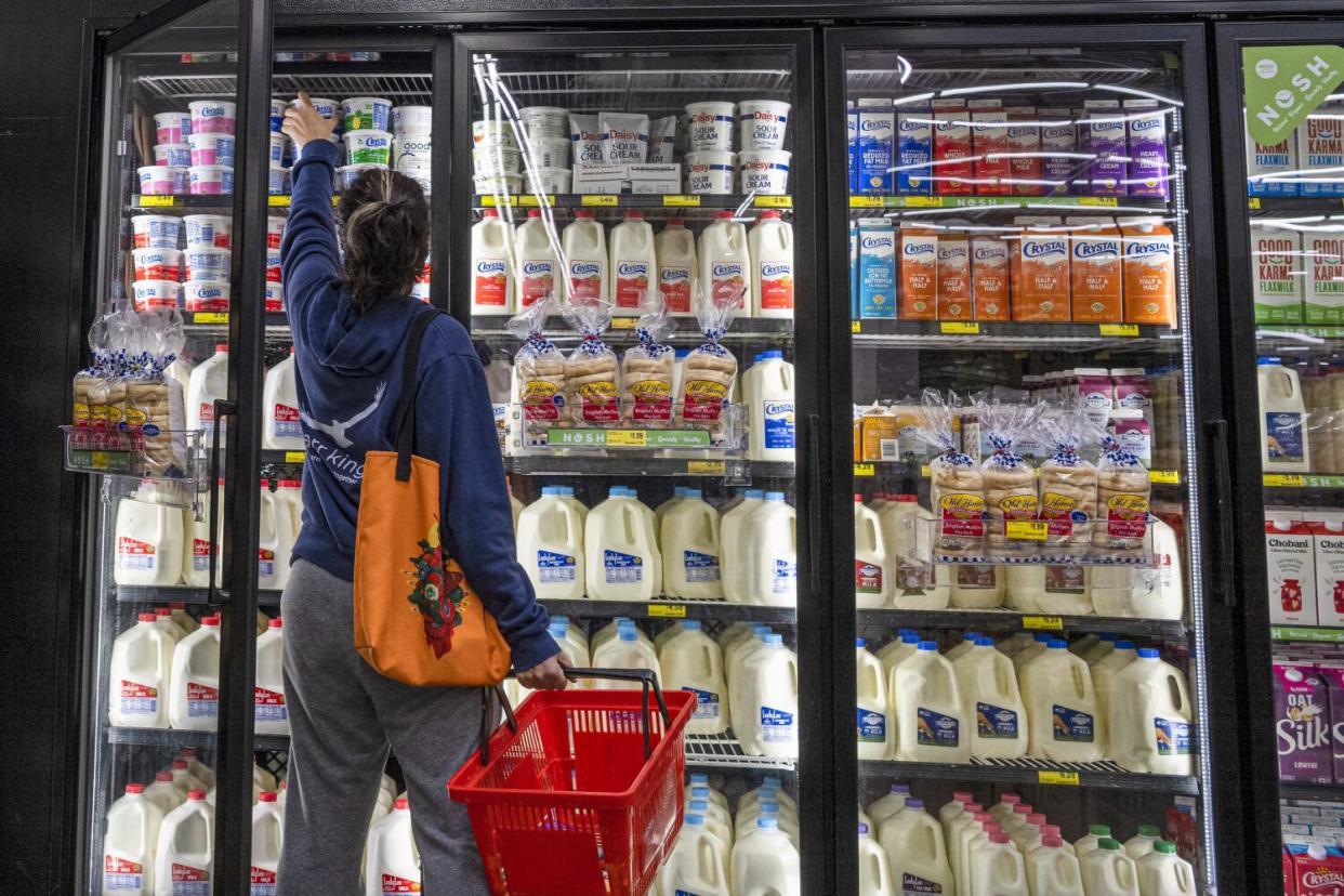 A shopper reaches for cottage cheese in a refrigerator filled with dairy products.