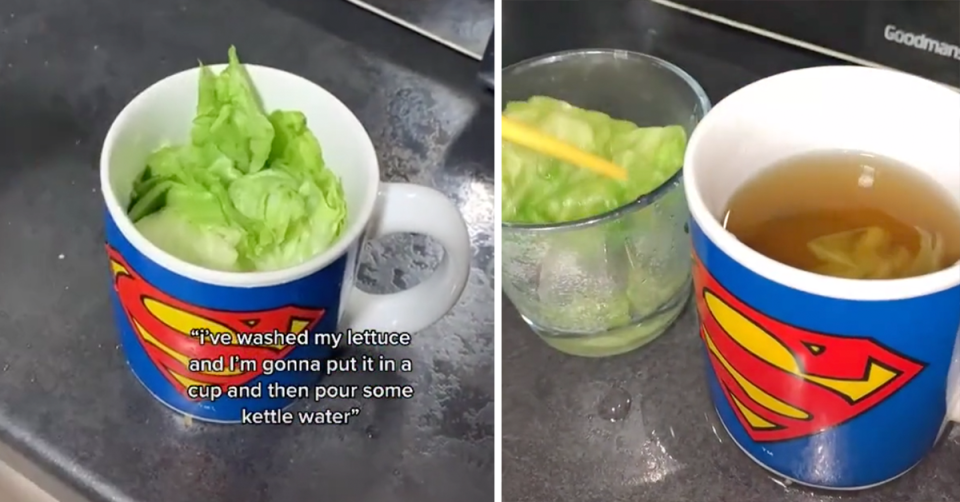 The TikTok hack involves soaking lettuce leaves in boiling water. Photos: TikTok/shapla_11