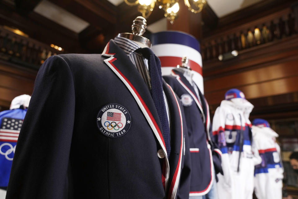 Team USA Paris Olympics attire is displayed at Ralph Lauren headquarters on Monday, June 17, 2024, in New York. (Photo by Charles Sykes/Invision/AP)