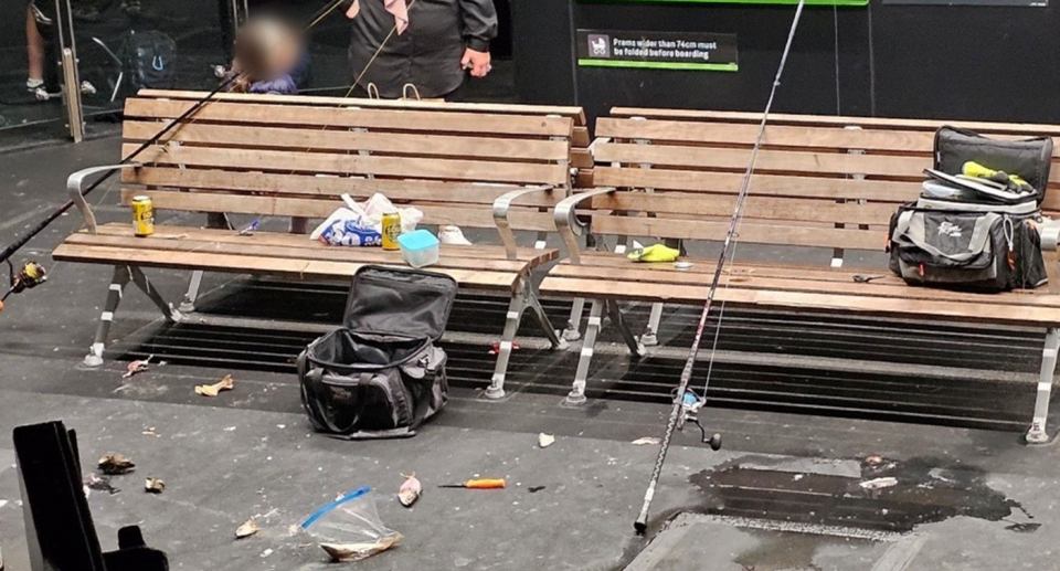 A messy Kissing Point ferry wharf being used by fishers, amid calls for fishers to clean up after themselves. 