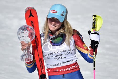 Mar 18, 2017; Aspen, CO, USA; Mikaela Shiffrin of the United States with the crystal globe after the women's slalom alpine skiing race in the 2017 Audi FIS World Cup Finals at Aspen Mountain. Mandatory Credit: Michael Madrid-USA TODAY Sports
