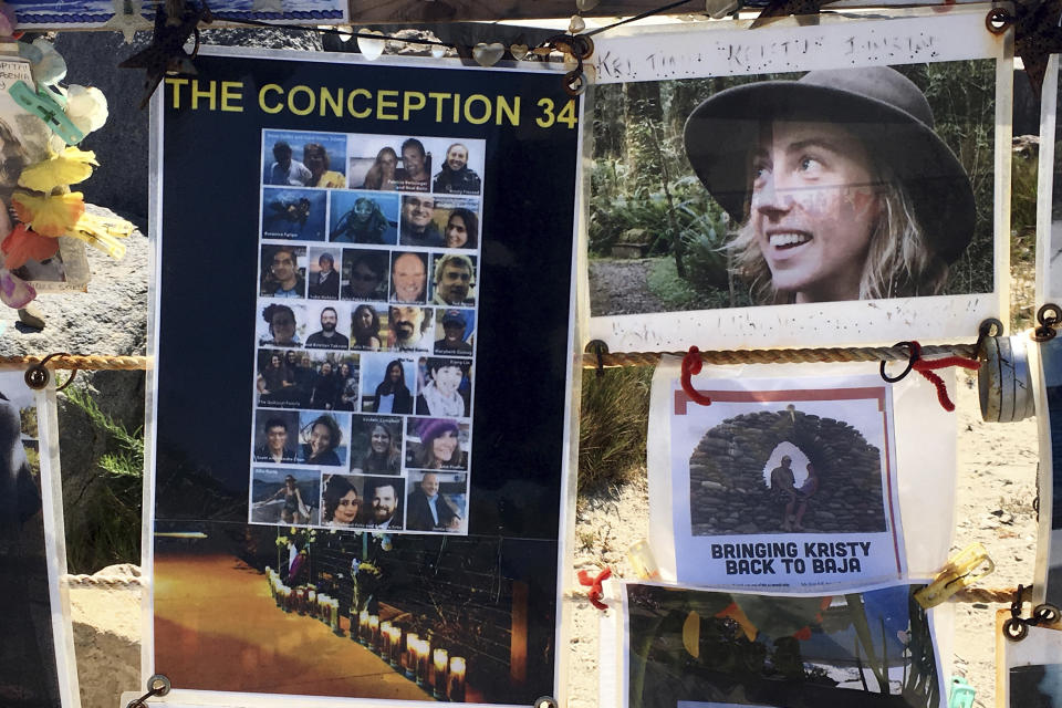 FILE - This July 12, 2020 file photo shows a standing memorial to the people who died aboard the Conception dive boat is seen along the coast near the Santa Barbara, Calif., harbor. Family members of the 34 people killed in a fire aboard a scuba diving boat off the California coast two years ago have sued the U.S. Coast Guard for lax enforcement of safety regulations. The lawsuit filed late Wednesday, Sept. 1, 2021, says the Coast Guard has repeatedly certified passenger boats that are fire traps. (AP Photo/John Antczak, File)