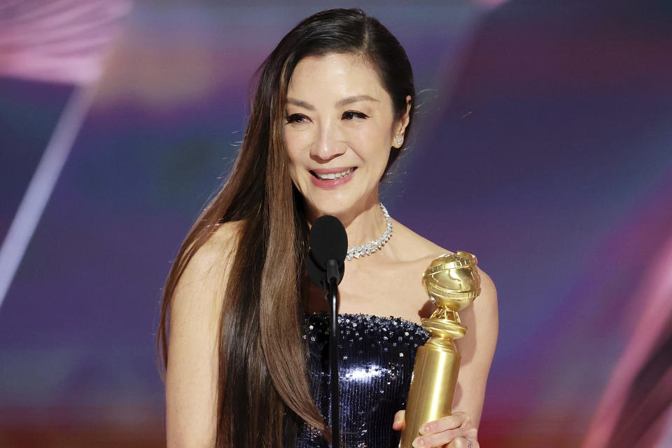 This image released by NBC shows Michelle Yeoh accepting the Best Actress in a Motion Picture – Musical or Comedy award for "Everything Everywhere All at Once" during the 80th Annual Golden Globe Awards at the Beverly Hilton Hotel on Tuesday, Jan. 10, 2023, in Beverly Hills, Calif. (Rich Polk/NBC via AP)