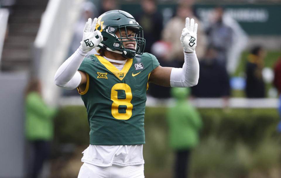 WACO, TX -NOVEMBER 27: Nove Jalen Pitre #8 of the Baylor Bears reacts against the Texas Tech Red Raiders in the second half at McLane Stadium on mber 27, 2021 in Waco, Texas. Baylor won 27-24. (Photo by Ron Jenkins/Getty Images)